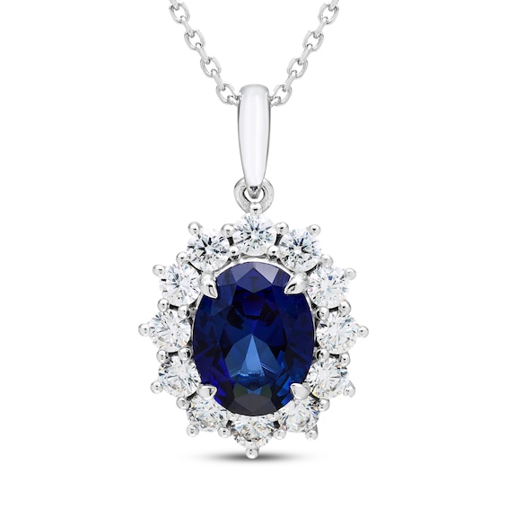 KAY Lab-Grown Diamonds Oval-Cut Blue Lab-Created Sapphire Halo Necklace 3/4 ct tw 10K White Gold 18"