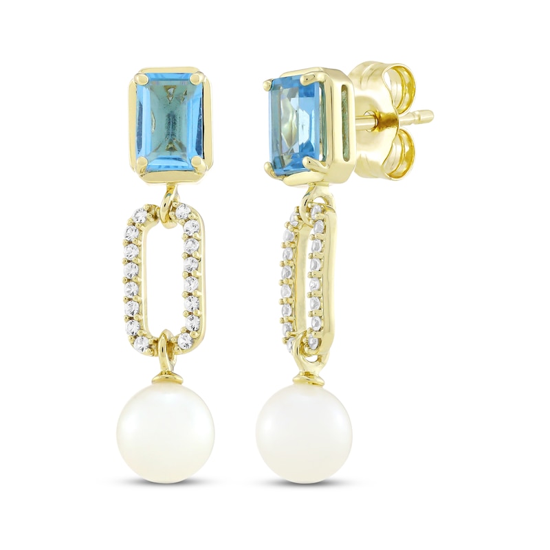 Main Image 1 of STUDIO BY KAY Cultured Pearl, Swiss Blue Topaz & White Lab-Created Sapphire Drop Earrings 24K Yellow Gold Vermeil Sterling Silver