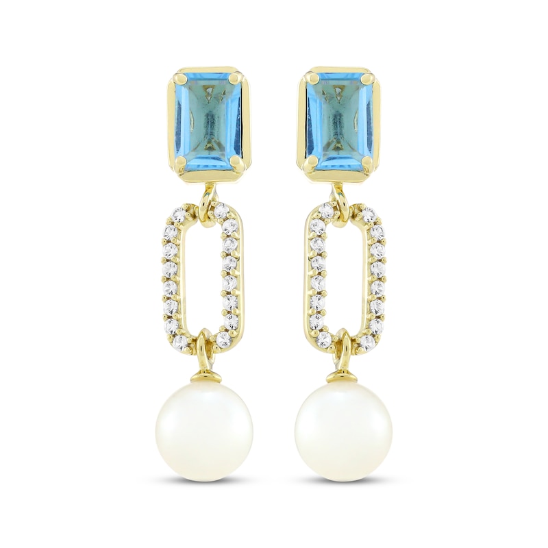 Main Image 2 of STUDIO BY KAY Cultured Pearl, Swiss Blue Topaz & White Lab-Created Sapphire Drop Earrings 24K Yellow Gold Vermeil Sterling Silver