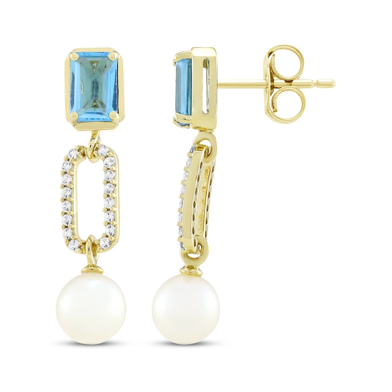 Main Image 3 of STUDIO BY KAY Cultured Pearl, Swiss Blue Topaz & White Lab-Created Sapphire Drop Earrings 24K Yellow Gold Vermeil Sterling Silver