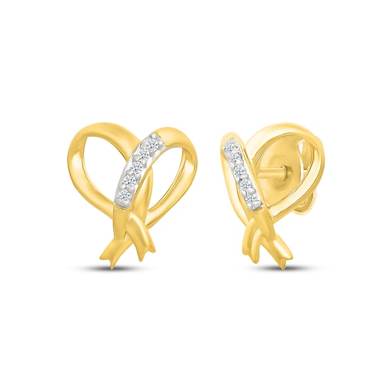 Diamond-Accent Ribbon Heart Stud Earrings 10K Yellow Gold