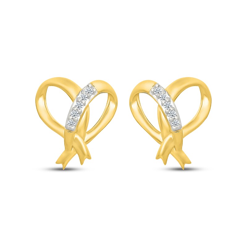 Main Image 2 of Diamond-Accent Ribbon Heart Stud Earrings 10K Yellow Gold