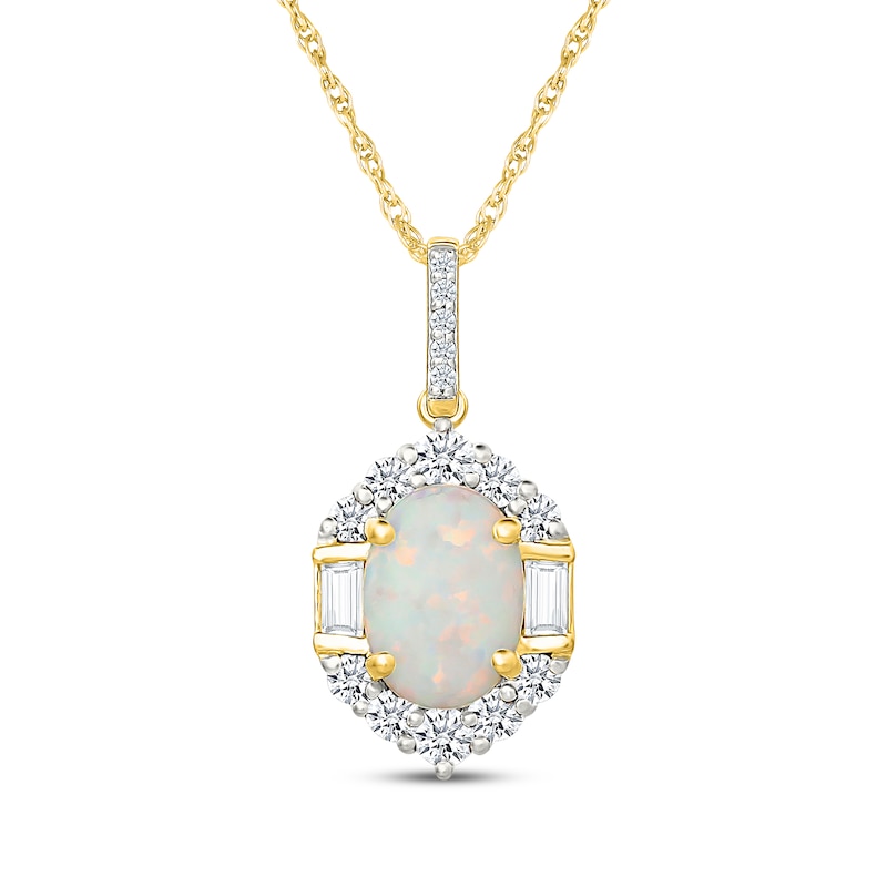 Main Image 1 of Oval-Cut Lab-Created Opal & White Lab-Created Sapphire Halo Necklace 24K Yellow Gold Vermeil Sterling Silver 18"