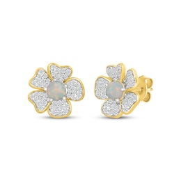 Lab-Created Opal & White Lab-Created Sapphire Flower Stud Earrings 24K Yellow Gold Vermeil Sterling Silver