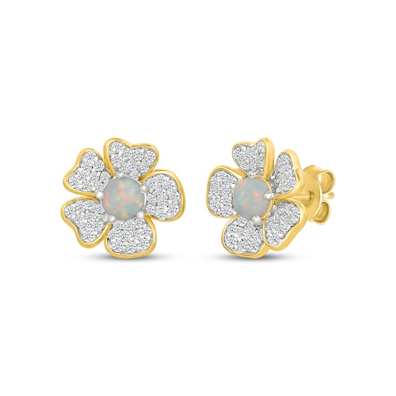 Lab-Created Opal & White Lab-Created Sapphire Flower Stud Earrings 24K Yellow Gold Vermeil Sterling Silver