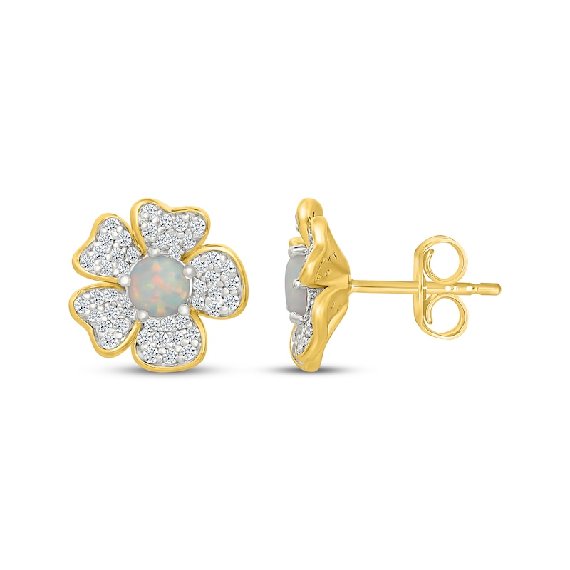 Main Image 3 of Lab-Created Opal & White Lab-Created Sapphire Flower Stud Earrings 24K Yellow Gold Vermeil Sterling Silver
