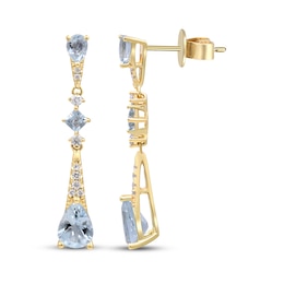 Pear-Shaped & Square-Cut Aquamarine and Diamond Dangle Earrings 1/8 ct tw 10K Yellow Gold