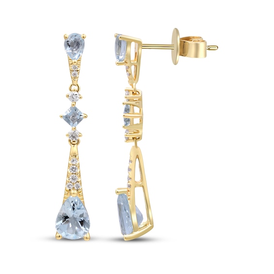 Pear-Shaped & Square-Cut Aquamarine and Diamond Dangle Earrings 1/8 ct tw 10K Yellow Gold