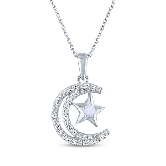 Lab-Created Opal & White Lab-Created Sapphire Crescent Moon & Star Necklace 18"