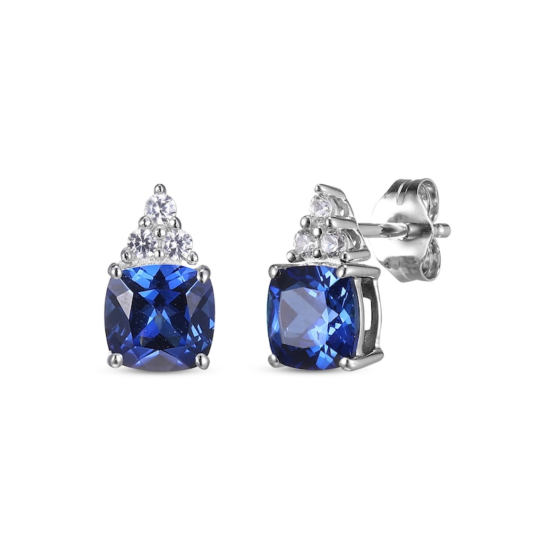 Main Image 1 of Cushion-Cut Blue Lab-Created Sapphire & Round-Cut White Lab-Created Sapphire Stud Earrings Sterling Silver
