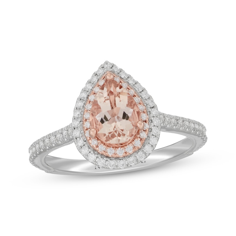 Main Image 1 of Neil Lane Pear-Shaped Morganite & Diamond Halo Engagement Ring 3/8 ct tw 14K Two-Tone Gold