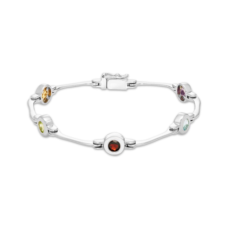 Garnet, Citrine, Peridot, Swiss Blue Topaz & Amethyst Station Bracelet Sterling Silver 7"