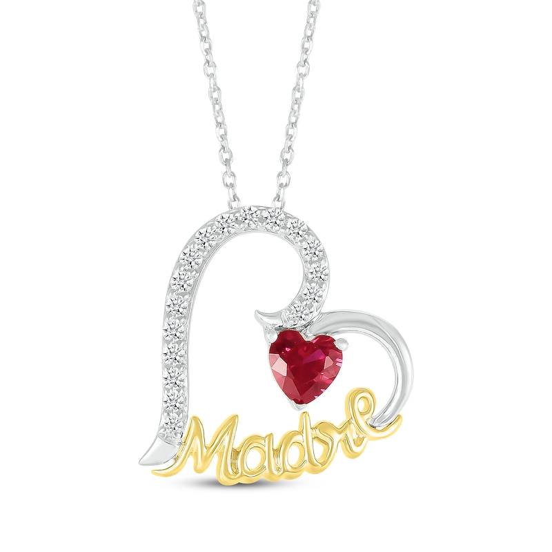 Main Image 1 of Lab-Created Ruby & White Lab-Created Sapphire "Madre" Heart Necklace Sterling Silver & 10K Yellow Gold 18"