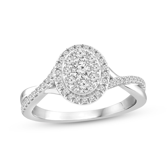 Multi-Diamond Center Oval Halo Engagement Ring 1/2 ct tw 14K White Gold