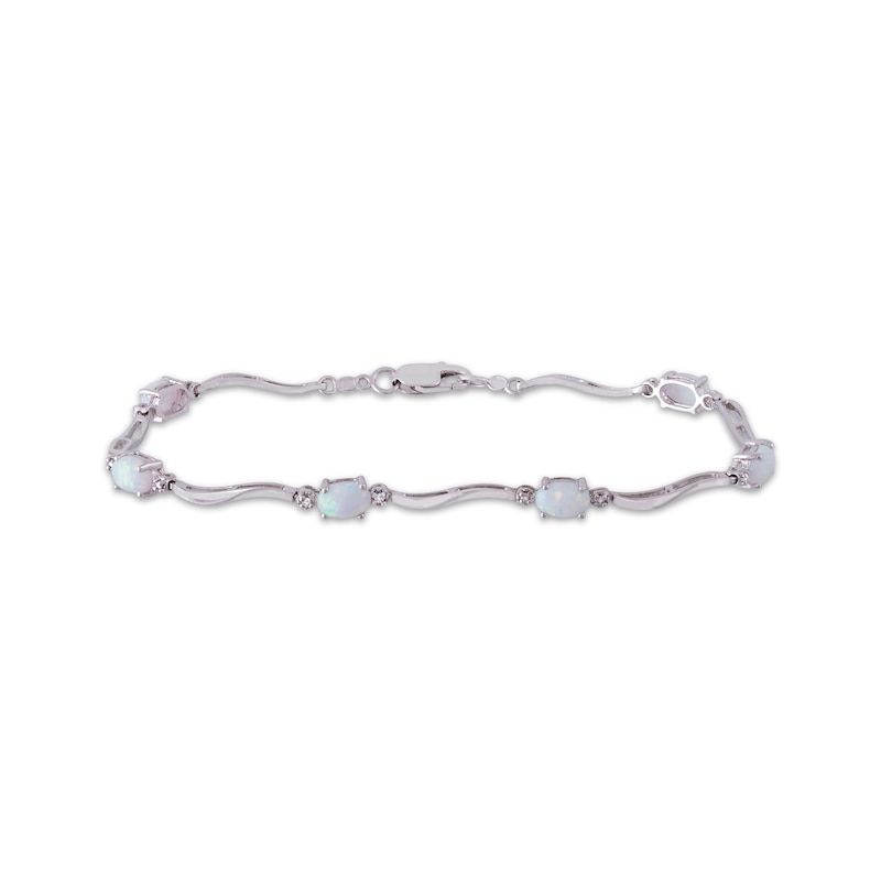 Main Image 1 of Oval-Cut Lab-Created Opal & Diamond Accent Wavy Link Bracelet Sterling Silver 7.25"