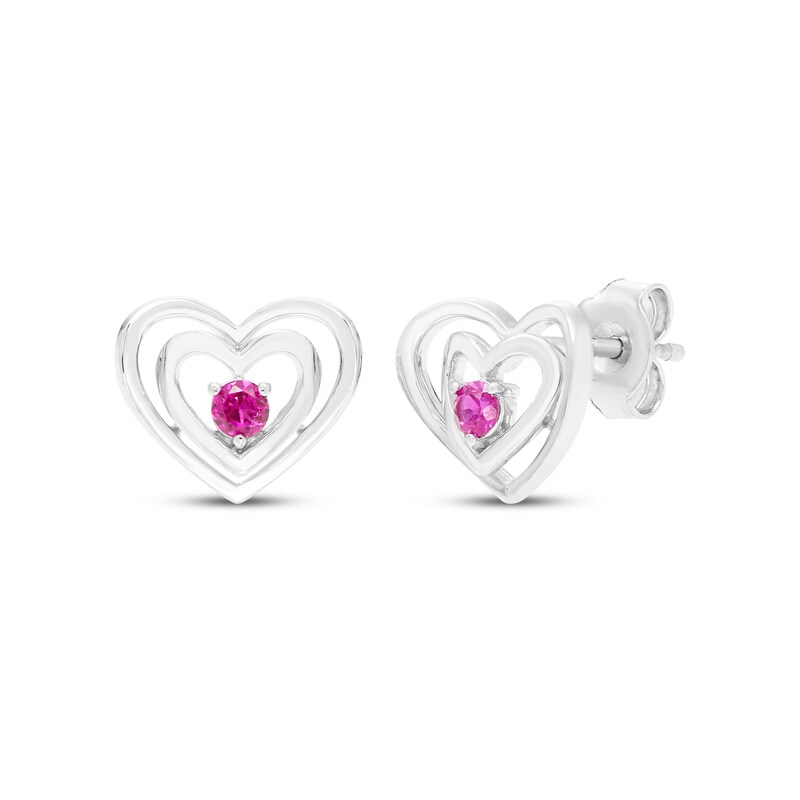 Main Image 1 of Lab-Created Ruby Double Heart Stud Earrings Sterling Silver
