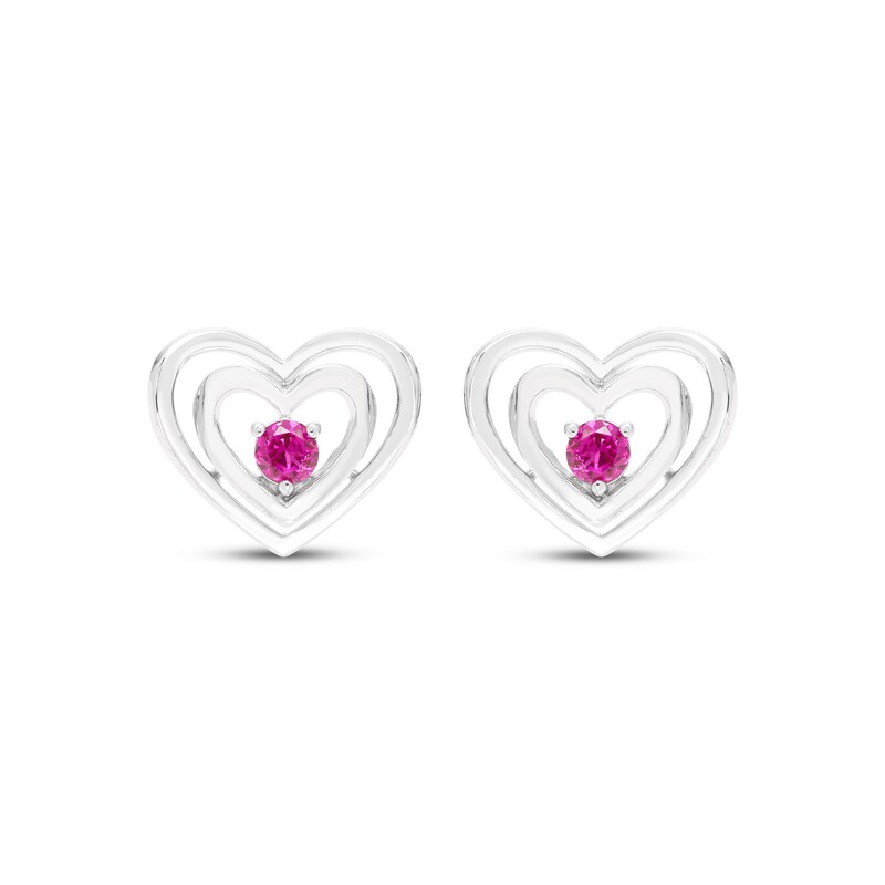 Main Image 2 of Lab-Created Ruby Double Heart Stud Earrings Sterling Silver