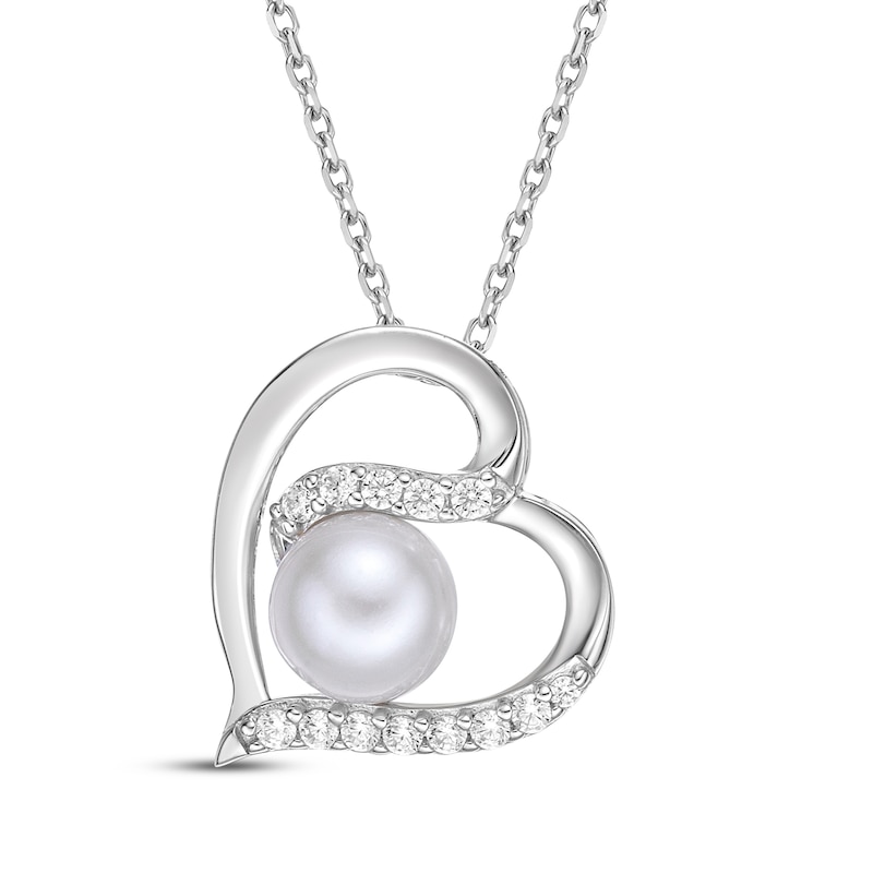 Main Image 1 of Cultured Pearl & White Lab-Created Sapphire Heart Necklace Sterling Silver 18"
