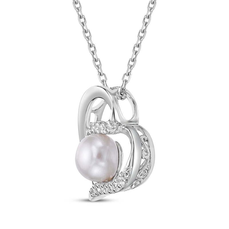 Main Image 2 of Cultured Pearl & White Lab-Created Sapphire Heart Necklace Sterling Silver 18"