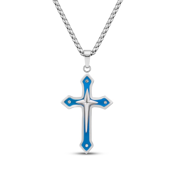 Men's Cubic Zirconia Cross Necklace Stainless Steel & Blue Ion Plating 24"