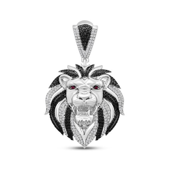 Black & White Diamond, Lab-Created Ruby Lion Charm 1 ct tw Sterling Silver