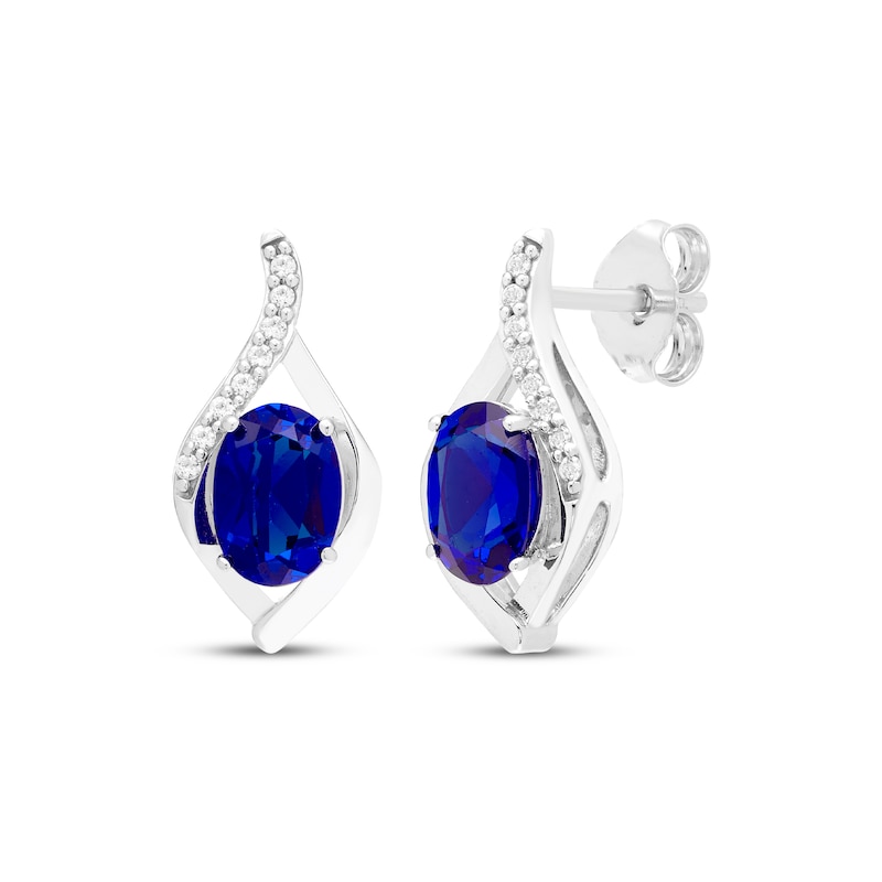 Main Image 1 of Oval-Cut Blue Lab-Created Sapphire & White Lab-Created Sapphire Drop Earrings Sterling Silver