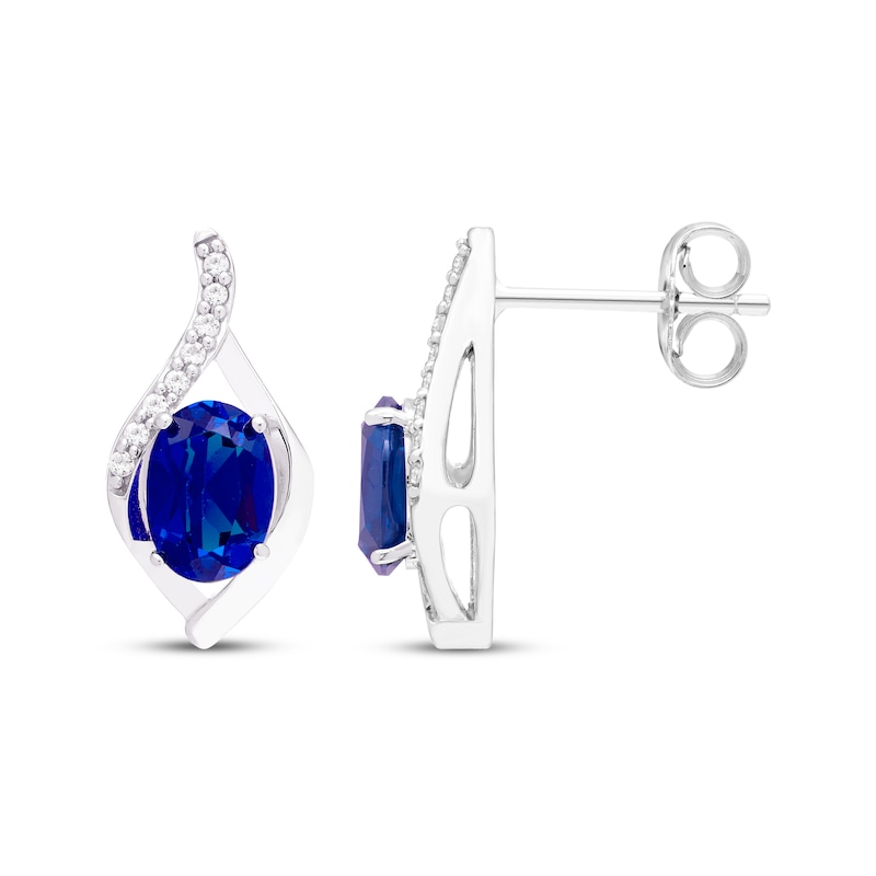 Main Image 3 of Oval-Cut Blue Lab-Created Sapphire & White Lab-Created Sapphire Drop Earrings Sterling Silver