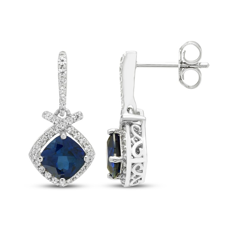 Main Image 3 of Cushion-Cut Blue Lab-Created Sapphire & White Lab-Created Sapphire Drop Earrings Sterling Silver