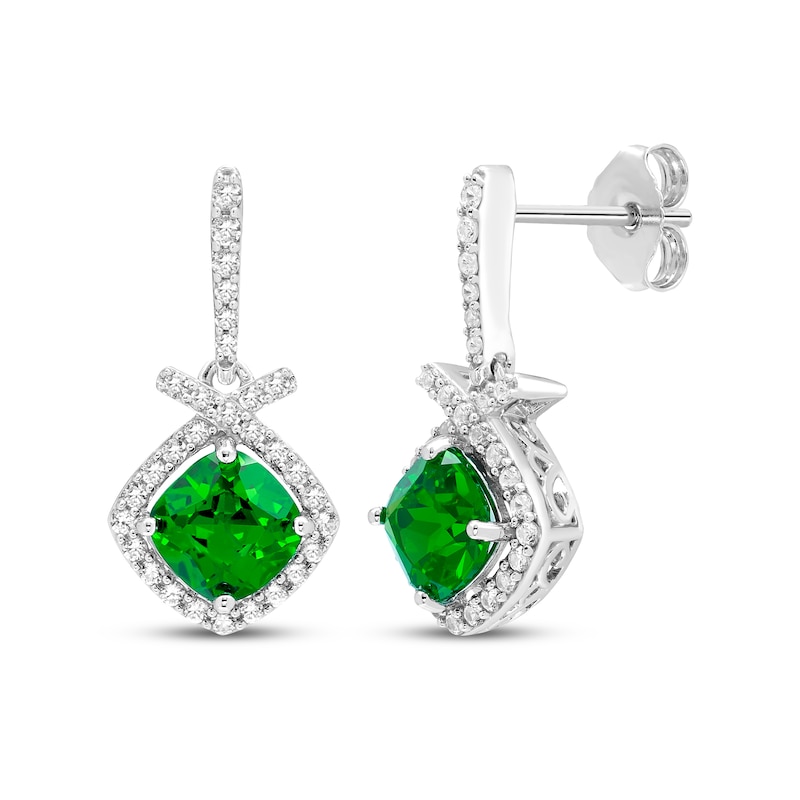 Main Image 1 of Cushion-Cut Lab-Created Emerald & White Lab-Created Sapphire Drop Earrings Sterling Silver