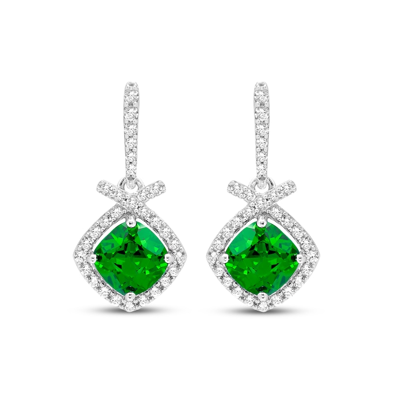 Main Image 2 of Cushion-Cut Lab-Created Emerald & White Lab-Created Sapphire Drop Earrings Sterling Silver