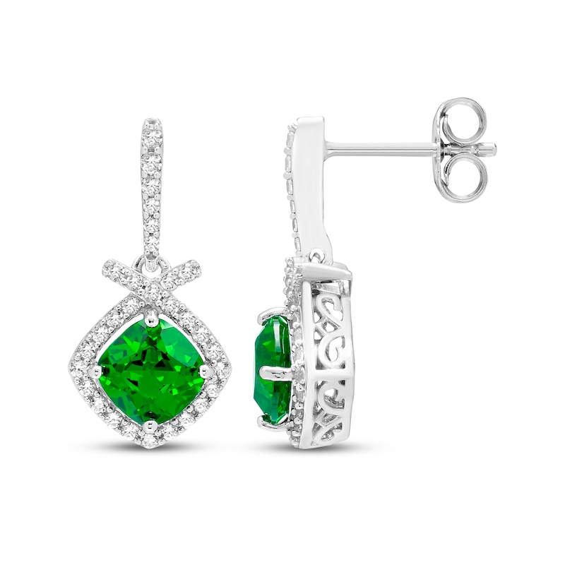 Main Image 3 of Cushion-Cut Lab-Created Emerald & White Lab-Created Sapphire Drop Earrings Sterling Silver