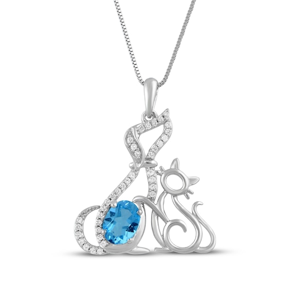 Oval-Cut Swiss Blue Topaz & White Lab-Created Sapphire Cat & Dog Necklace Sterling Silver 18"