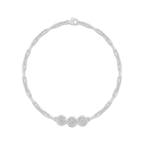 Diamond Three Circle Paperclip Chain Bracelet 1/4 ct tw Sterling Silver 7.25"