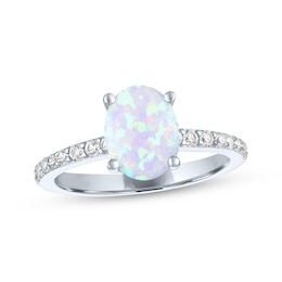 Oval-Cut Lab-Created Opal & White Lab-Created Sapphire Ring Sterling Silver