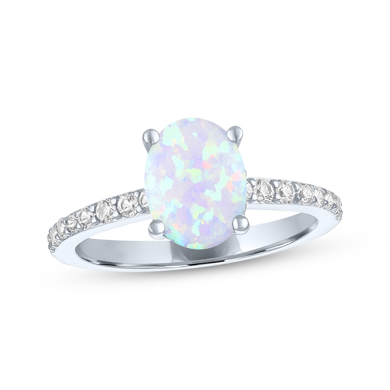 Main Image 1 of Oval-Cut Lab-Created Opal & White Lab-Created Sapphire Ring Sterling Silver