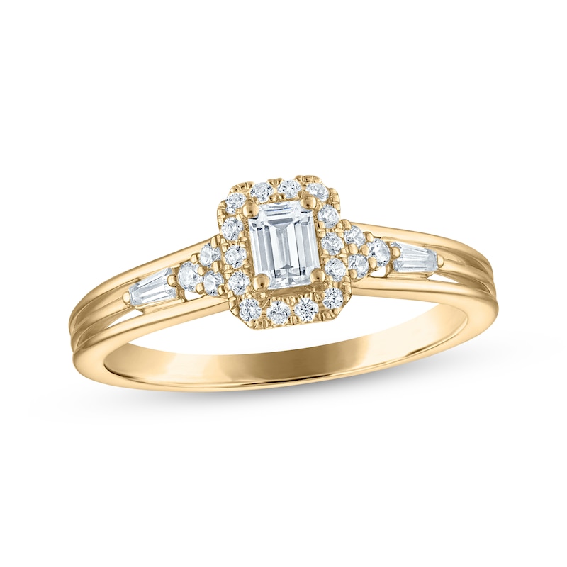 Main Image 1 of Adore Emerald-Cut Diamond Halo Engagement Ring 1/2 ct tw 14K Yellow Gold