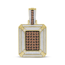 Men's Brown & White Multi-Diamond Dog Tag Charm 1-1/2 ct tw 10K Yellow Gold
