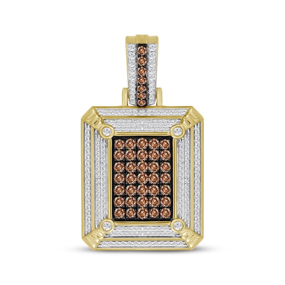 Men's Brown & White Multi-Diamond Dog Tag Charm 1-1/2 ct tw 10K Yellow Gold
