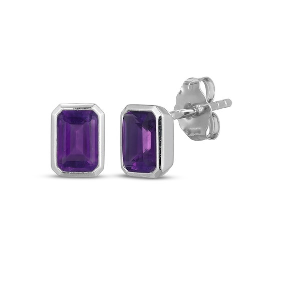 Emerald-Cut Amethyst Bezel-Set Solitaire Stud Earrings Sterling Silver
