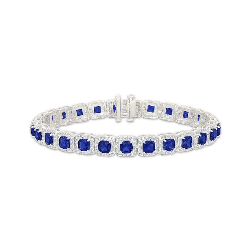 Main Image 1 of Men's Cushion-Cut Blue Lab-Created Sapphire & White Lab-Created Sapphire Halo Bracelet Sterling Silver 8.5"