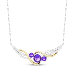 Amethyst & White Lab-Created Sapphire Three-Stone Necklace Sterling Silver & 10K Yellow Gold 18"