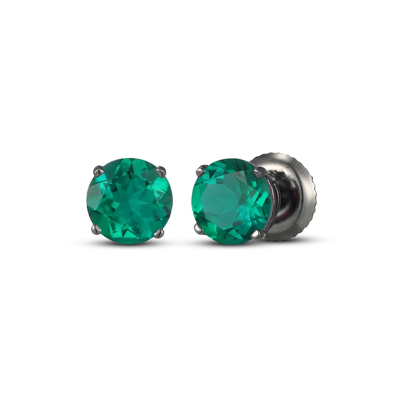 Main Image 1 of Men's Lab-Created Emerald Solitaire Stud Earrings Matte Gunmetal-Plated Sterling Silver