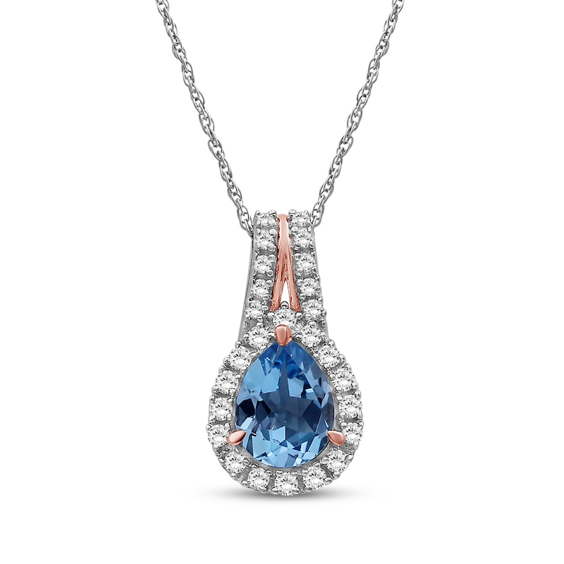Main Image 1 of Pear-Shaped Swiss Blue Topaz & White Lab-Created Sapphire Halo Necklace Sterling Silver & 10K Rose Gold 18"