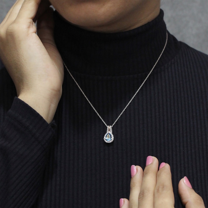 Main Image 4 of Pear-Shaped Swiss Blue Topaz & White Lab-Created Sapphire Halo Necklace Sterling Silver & 10K Rose Gold 18"