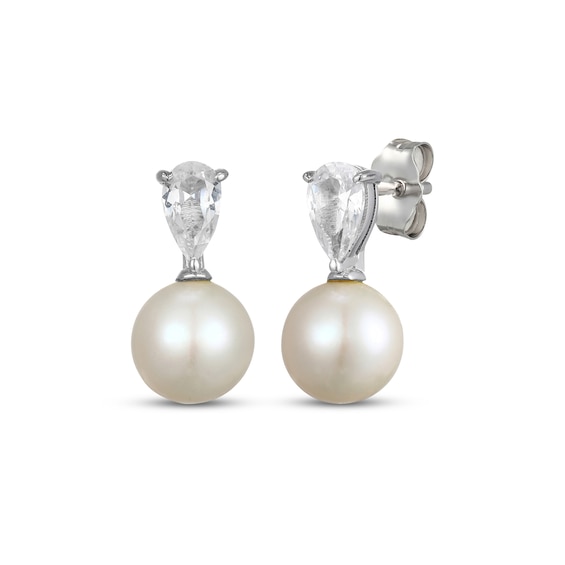 Cultured Pearl & Pear-Shaped White Lab-Created Sapphire Drop Earrings Sterling Silver