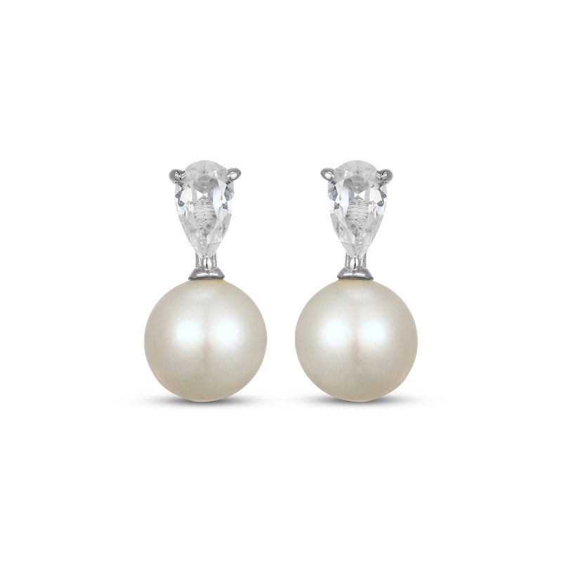 Main Image 2 of Cultured Pearl & Pear-Shaped White Lab-Created Sapphire Drop Earrings Sterling Silver