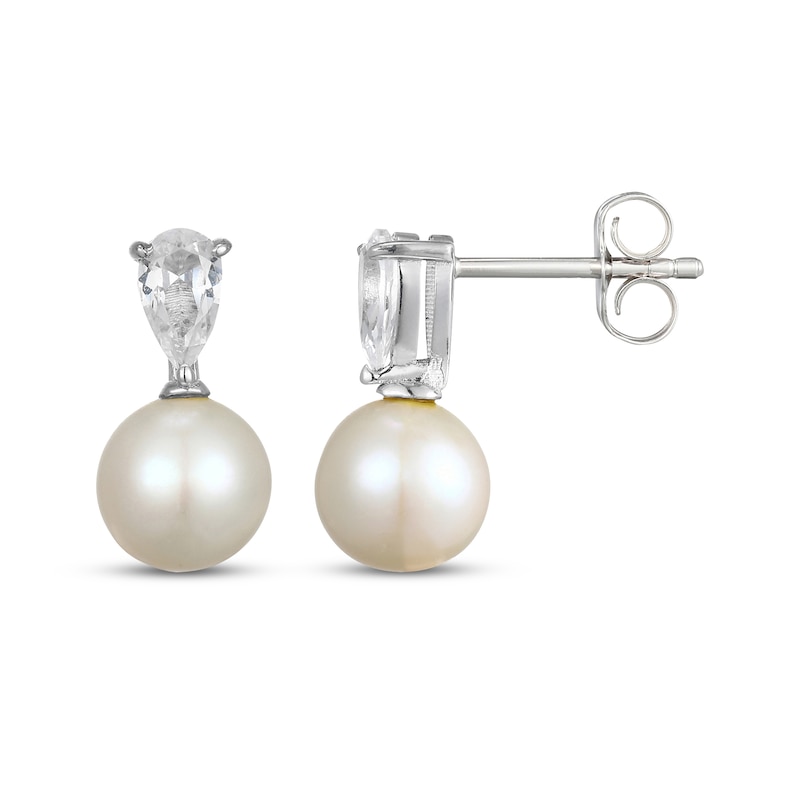Main Image 3 of Cultured Pearl & Pear-Shaped White Lab-Created Sapphire Drop Earrings Sterling Silver