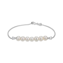 Cultured Pearl & Pear-Shaped White Lab-Created Sapphire Bracelet Sterling Silver 8"