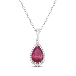 Pear-Shaped Lab-Created Ruby & White Lab-Created Sapphire Halo Necklace Sterling Silver 18"