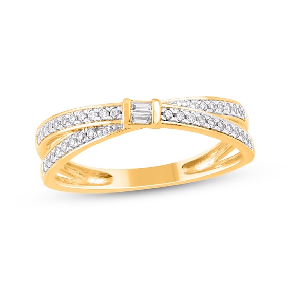 Baguette & Round-Cut Diamond Crossover Fashion Ring 1/6 ct tw 14K Yellow Gold
